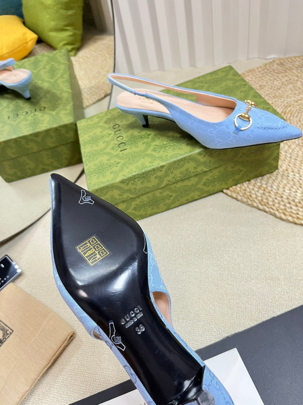 GC Horsebit Slingback Pump 50mm Blue Canvas Sheepskin 294546