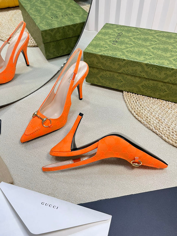 GC Horsebit Slingback Pump 100mm Orange Canvas Sheepskin 294548