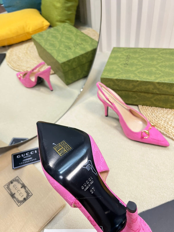 GC Horsebit Slingback Pump 100mm Pink Canvas Sheepskin 294551