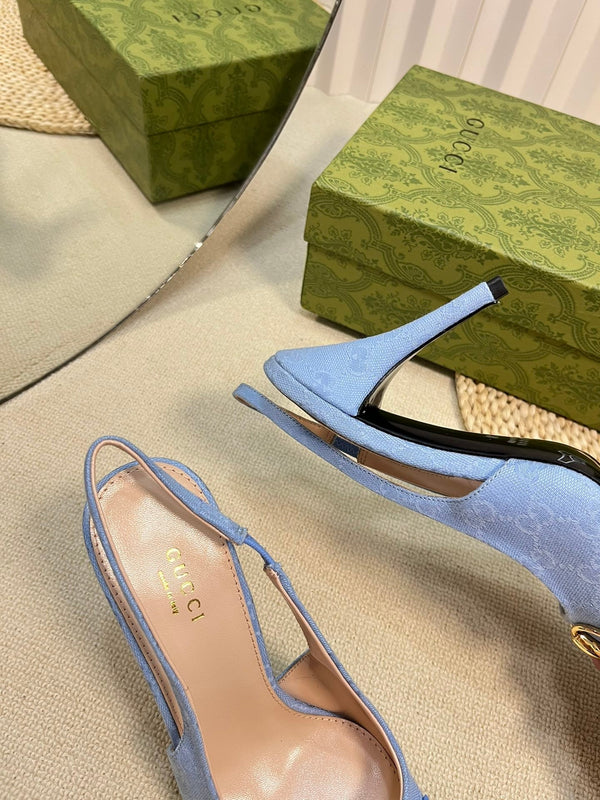 GC Horsebit Slingback Pump 100mm Blue Canvas Sheepskin 294550