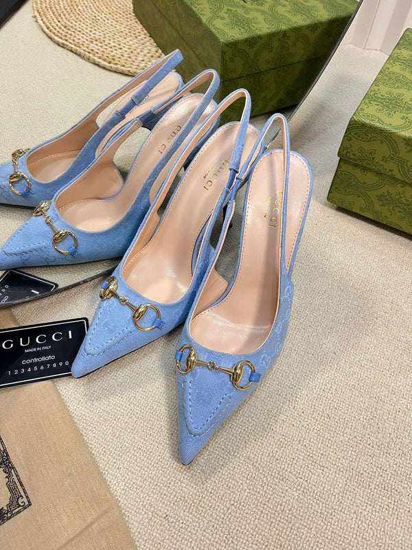 GC Horsebit Slingback Pump 100mm Blue Canvas Sheepskin 294550