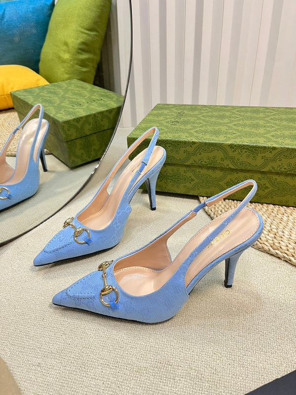 GC Horsebit Slingback Pump 100mm Blue Canvas Sheepskin 294550