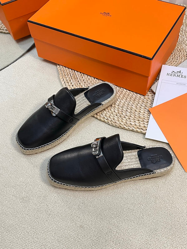 HM Feria Espadrille Mule Black Calfskin