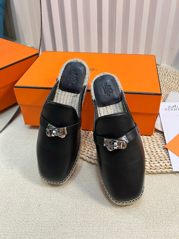 HM Feria Espadrille Mule Black Calfskin