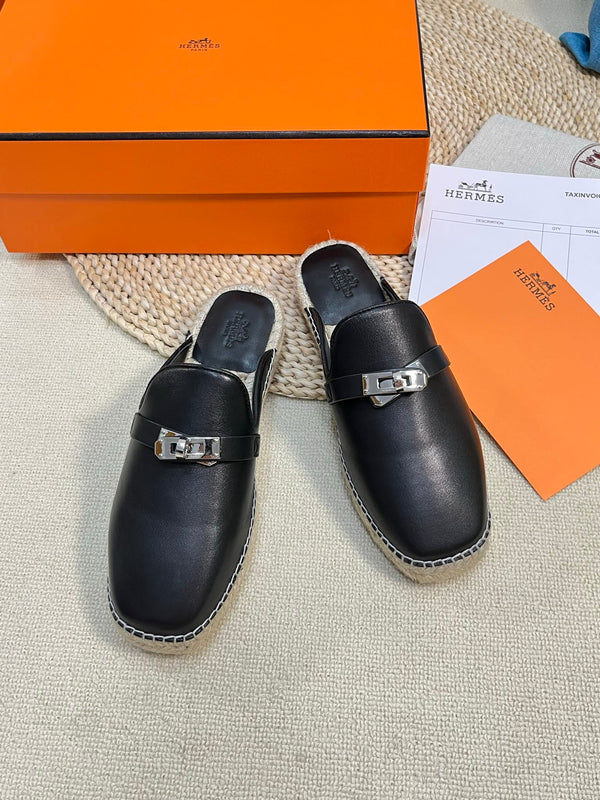 HM Feria Espadrille Mule Black Calfskin