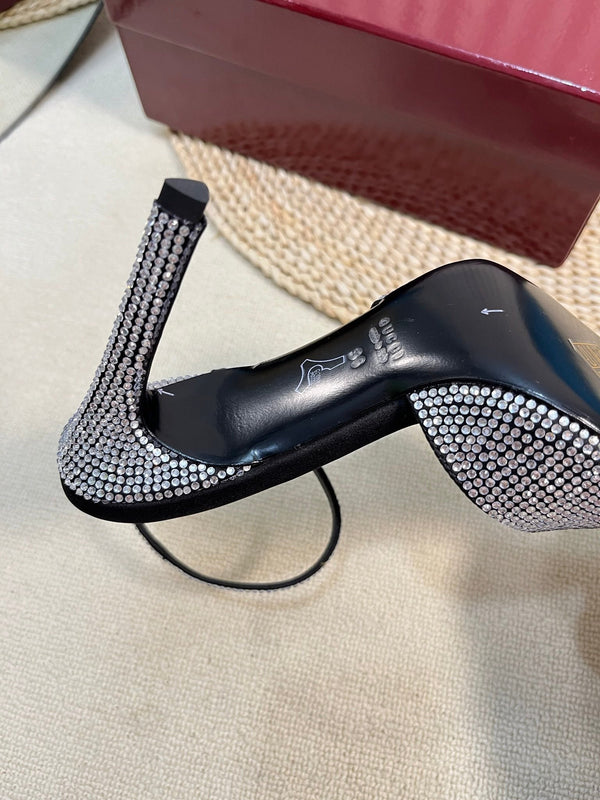 HIGH SLINGBACK 10 CM IN BLACK SILK WITH FULL RHINSTONES