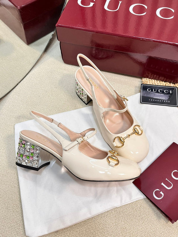 GC Horsebit Slingback with Crystal 60mm Ivory Patent Leather 294599