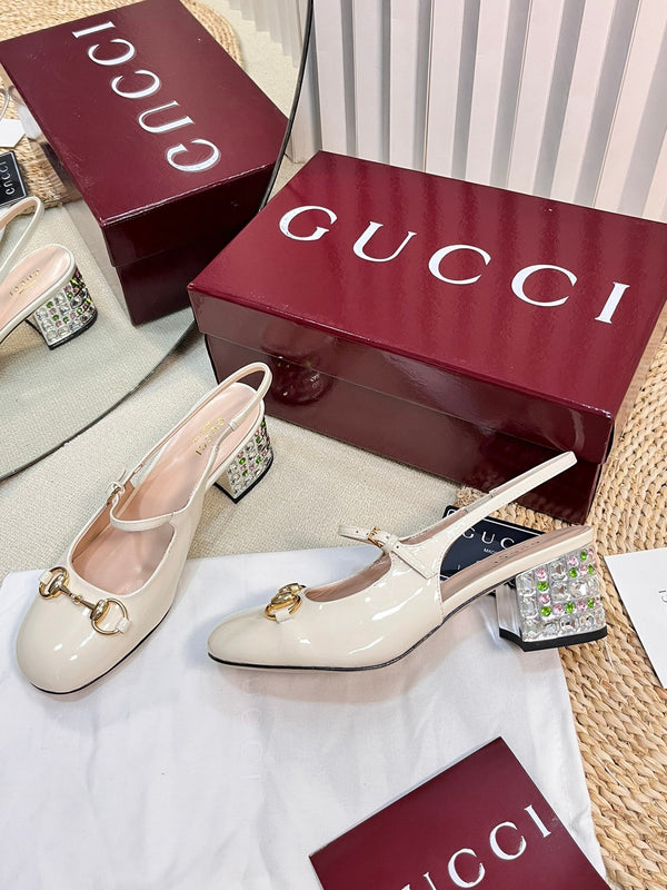 GC Horsebit Slingback with Crystal 60mm Ivory Patent Leather 294599