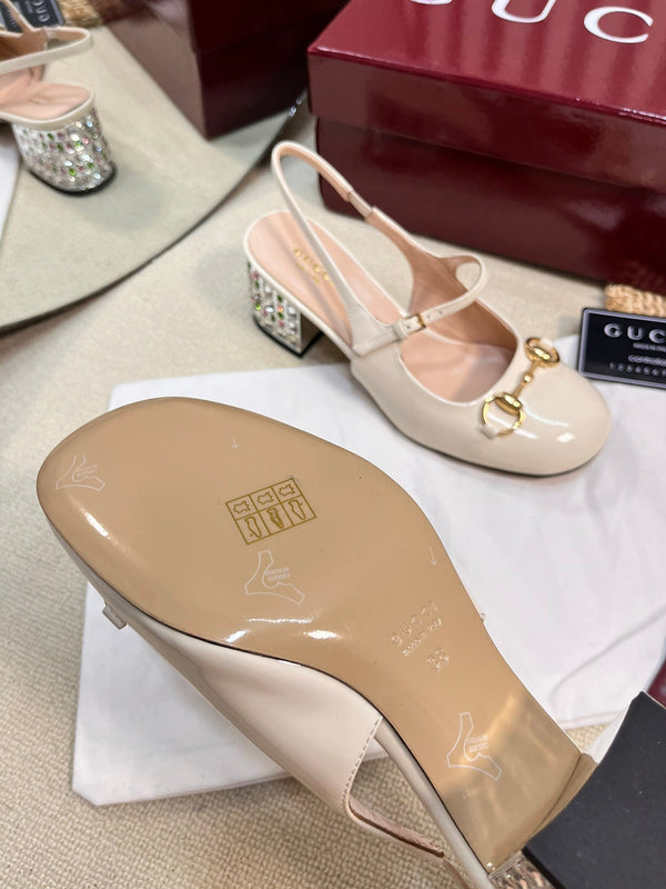 GC Horsebit Slingback with Crystal 60mm Ivory Patent Leather 294599