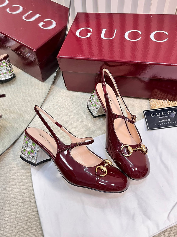 GC Horsebit Slingback with Crystal 60mm Rosso Ancora red Patent Leather 294600