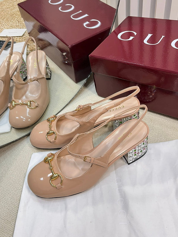 GC Horsebit Slingback with Crystal 65mm Rose Beige Patent Leather 294601