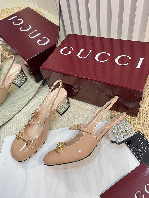 GC Horsebit Slingback with Crystal 65mm Rose Beige Patent Leather 294601