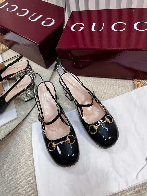 GC Horsebit Slingback with Crystal 60mm Black Patent Leather 294602