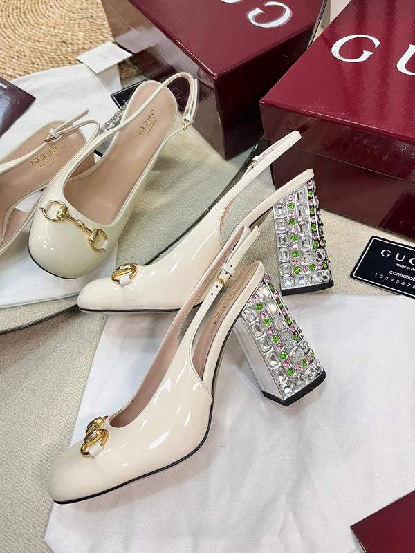 GC Horsebit Slingback with Crystal 95mm Ivory Patent Leather 294595