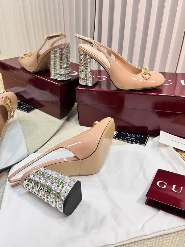 GC Horsebit Slingback with Crystal 95mm Rose Beige Patent Leather 294597