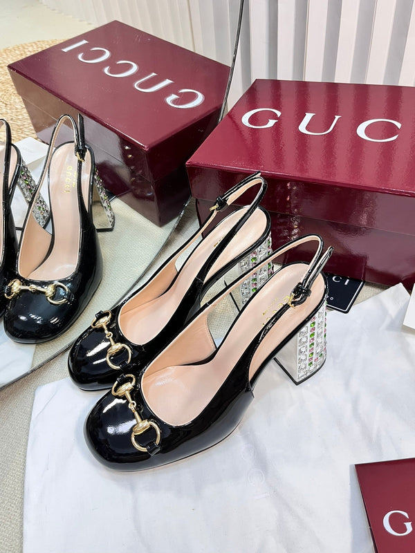 GC Horsebit Slingback with Crystal 95mm Black Patent Leather 294598