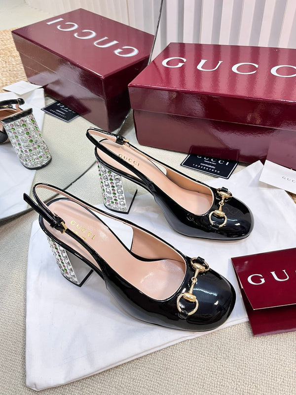 GC Horsebit Slingback with Crystal 95mm Black Patent Leather 294598