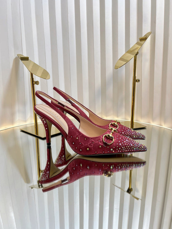 GC Crystal Horsebit Slingback 100mm Red Canvas lambskin 294618