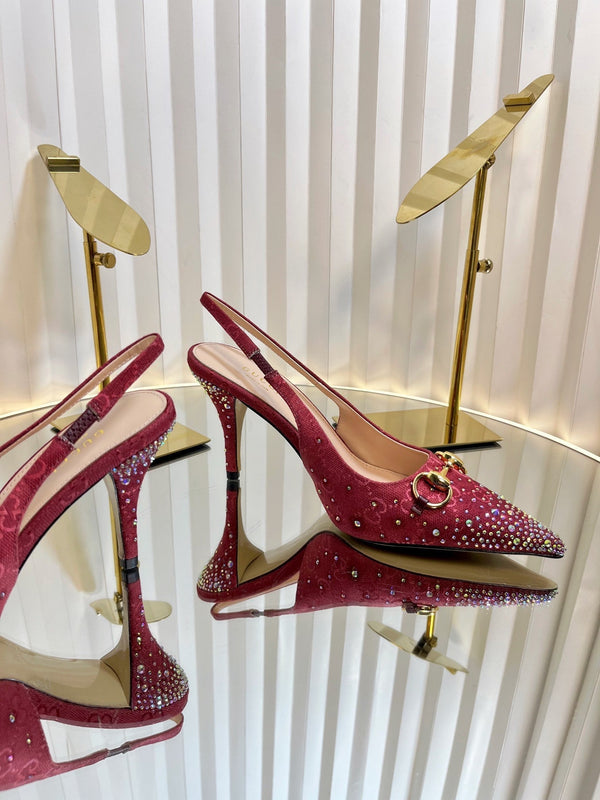 GC Crystal Horsebit Slingback 100mm Red Canvas lambskin 294618