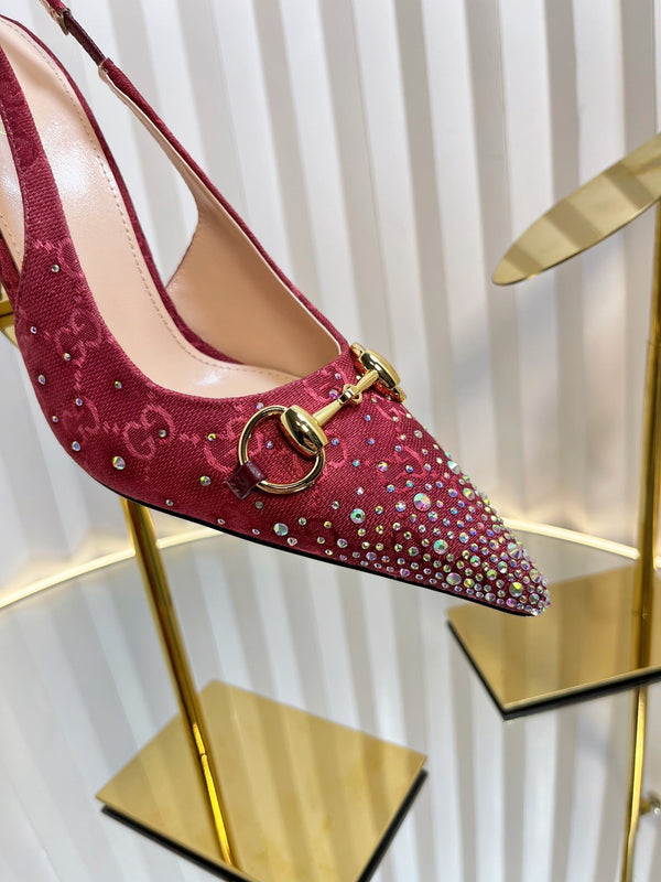 GC Crystal Horsebit Slingback 100mm Red Canvas lambskin 294618