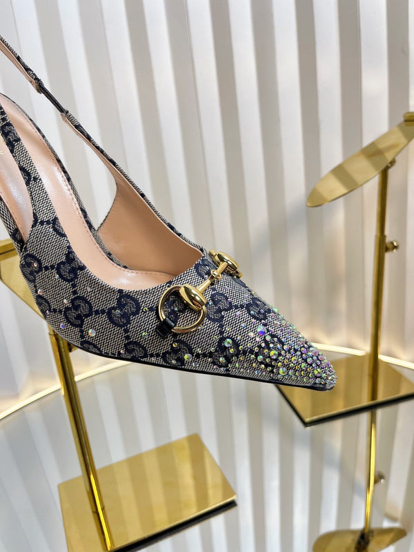 GC Crystal Horsebit Slingback 100mm Beige mix Blue Canvas lambskin 294619