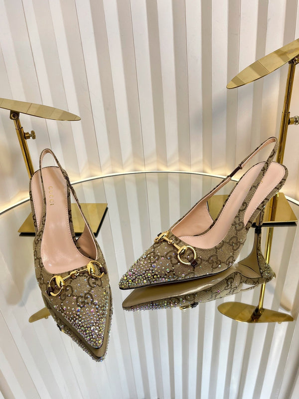 GC Crystal Horsebit Slingback 100mm Beige mix Ebony Canvas lambskin 294620