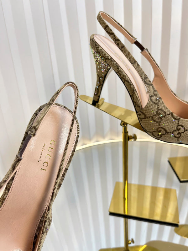 GC Crystal Horsebit Slingback 100mm Beige mix Ebony Canvas lambskin 294620