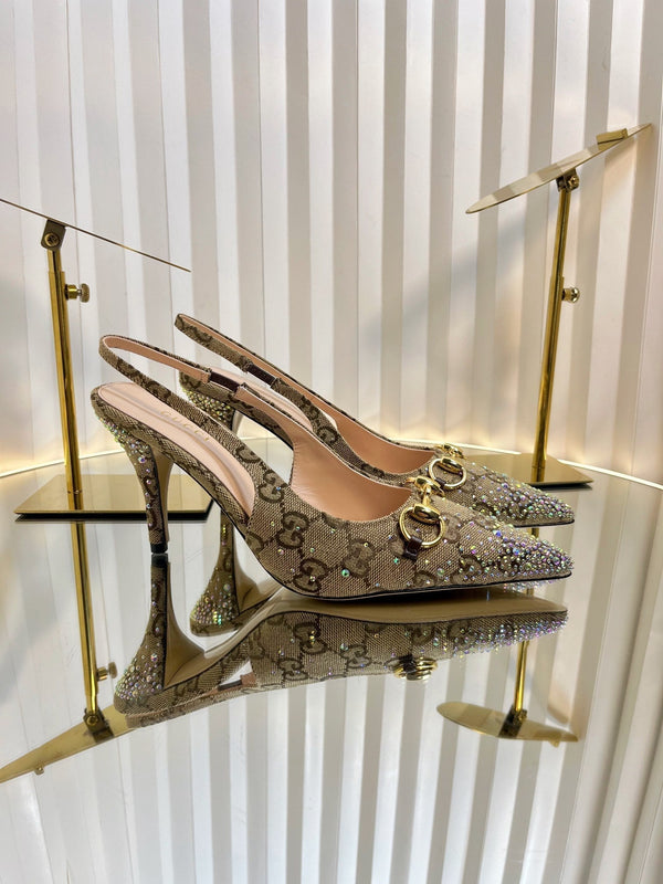 GC Crystal Horsebit Slingback 100mm Beige mix Ebony Canvas lambskin 294620