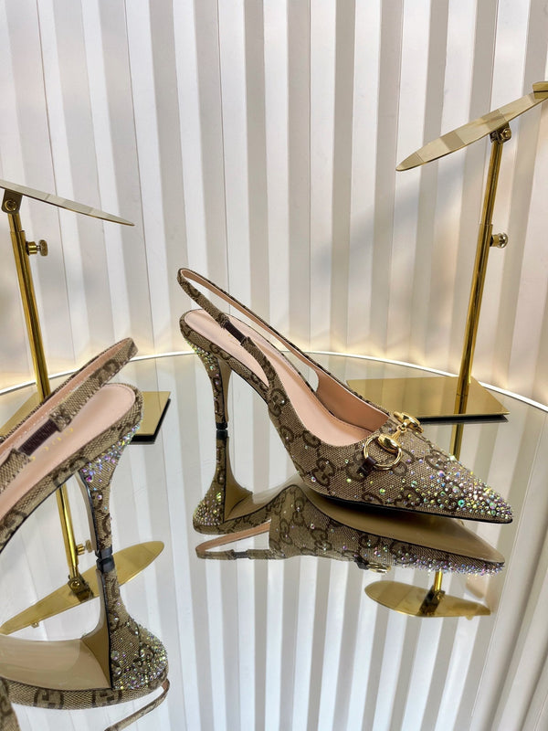 GC Crystal Horsebit Slingback 100mm Beige mix Ebony Canvas lambskin 294620