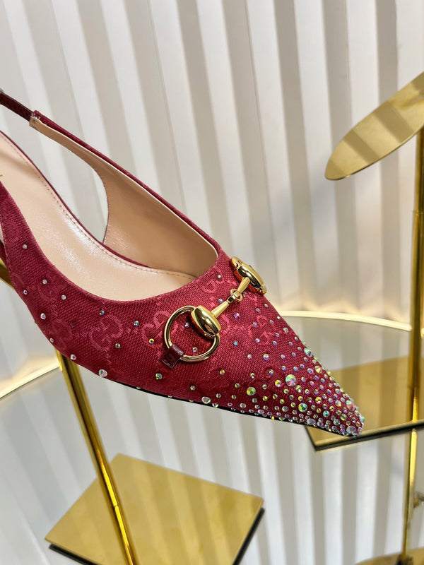 GC Crystal Horsebit Slingback 50mm Red Canvas lambskin 294615