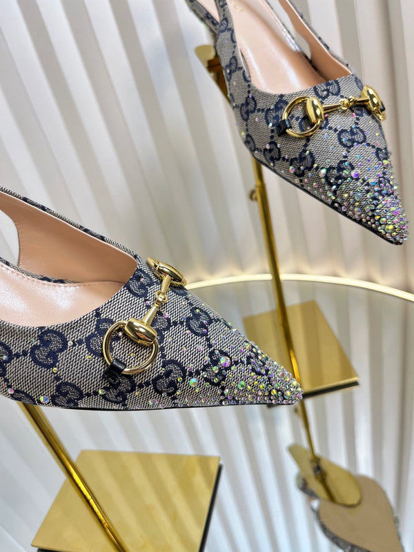GC Crystal Horsebit Slingback 50mm Beige mix Blue Canvas lambskin 294616