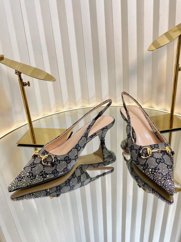 GC Crystal Horsebit Slingback 50mm Beige mix Blue Canvas lambskin 294616