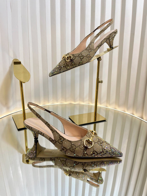 GC Crystal Horsebit Slingback 50mm Beige mix Ebony Canvas lambskin 294617