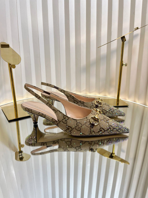 GC Crystal Horsebit Slingback 50mm Beige mix Ebony Canvas lambskin 294617