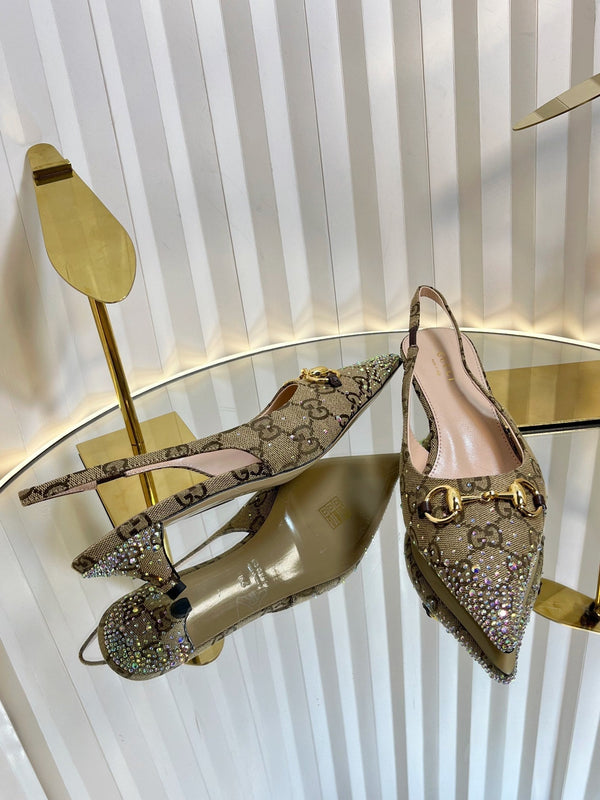 GC Crystal Horsebit Slingback 50mm Beige mix Ebony Canvas lambskin 294617