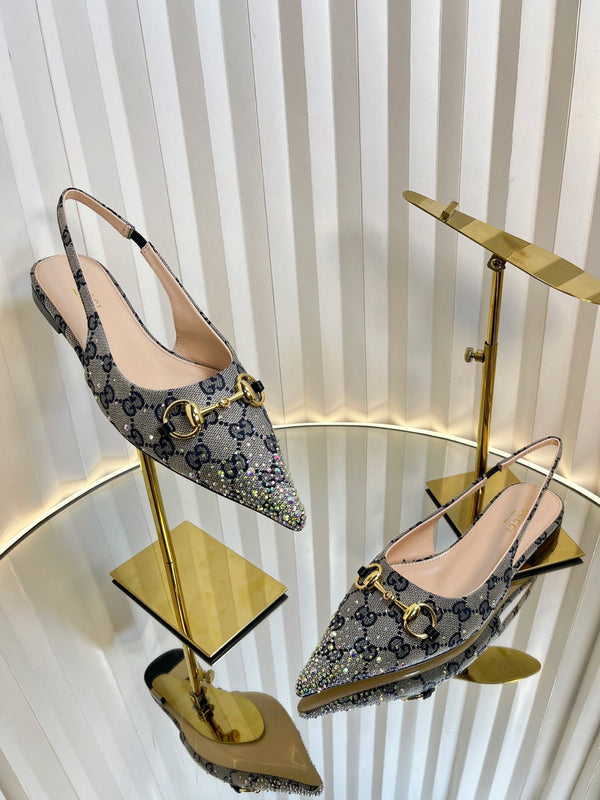 GC Crystal Horsebit Slingback 10mm Beige mix Blue Canvas lambskin 294613