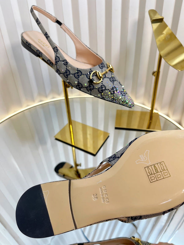 GC Crystal Horsebit Slingback 10mm Beige mix Blue Canvas lambskin 294613