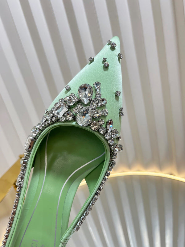 GC 2025 Crystal Embellished 55mm High Heels Slingbacks Green Silk Sheepskin 294528