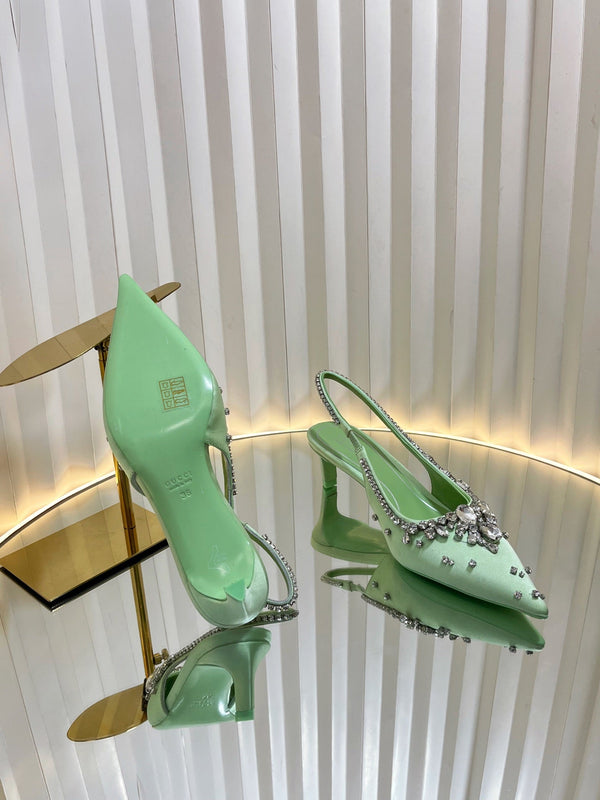 GC 2025 Crystal Embellished 55mm High Heels Slingbacks Green Silk Sheepskin 294528