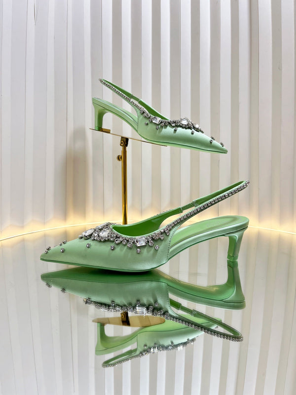 GC 2025 Crystal Embellished 55mm High Heels Slingbacks Green Silk Sheepskin 294528