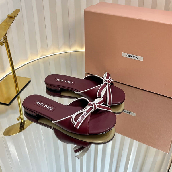 Miu 26s Bow Slippers Burgundy Leather 768202