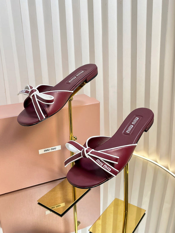 Miu 26s Bow Slippers Burgundy Leather 768202