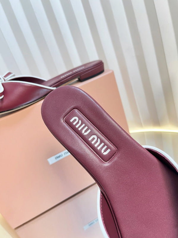 Miu 26s Bow Slippers Burgundy Leather 768202