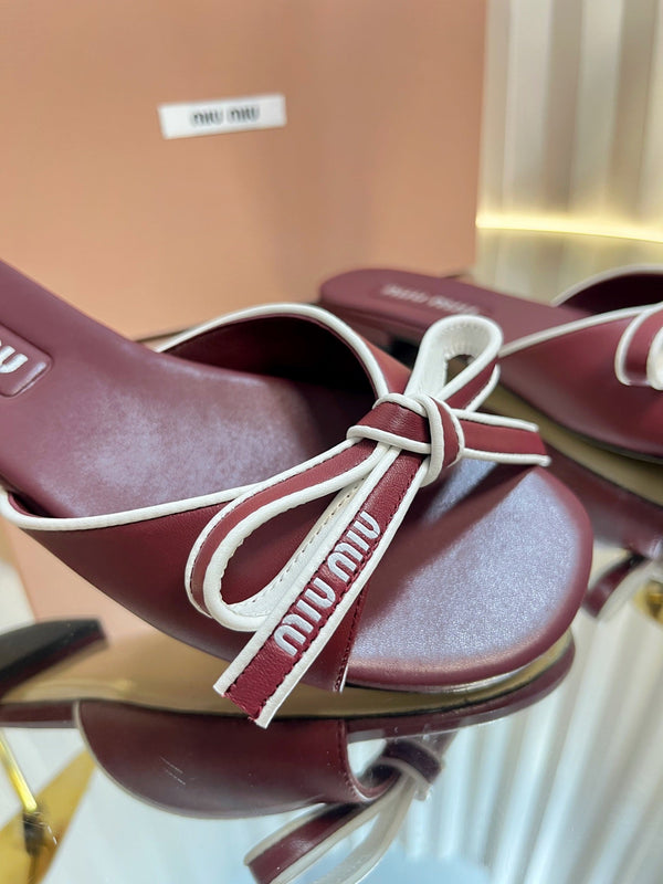 Miu 26s Bow Slippers Burgundy Leather 768202