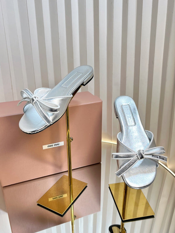 Miu 26s Bow Slippers Sliver Leather 768204