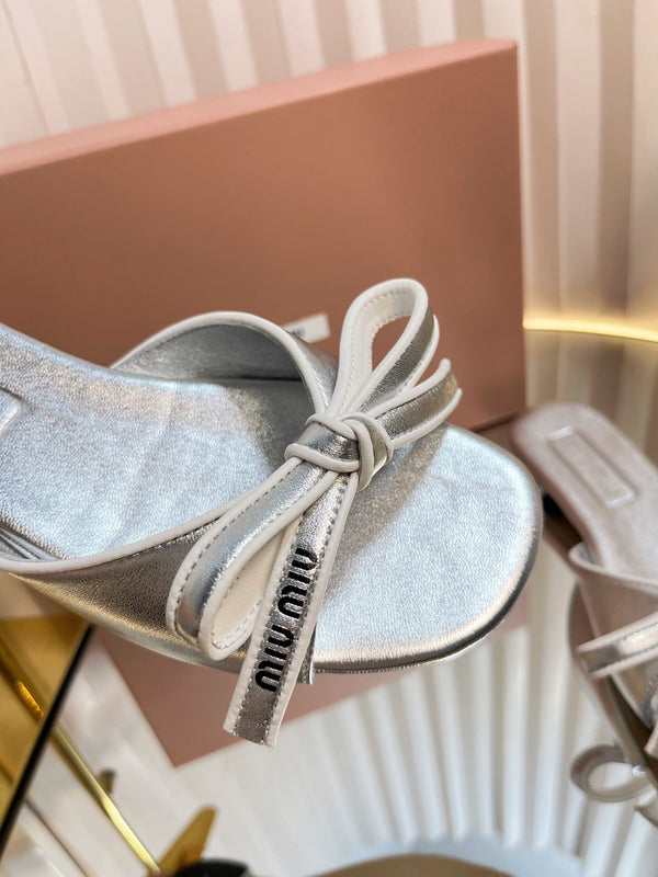 Miu 26s Bow Slippers Sliver Leather 768204