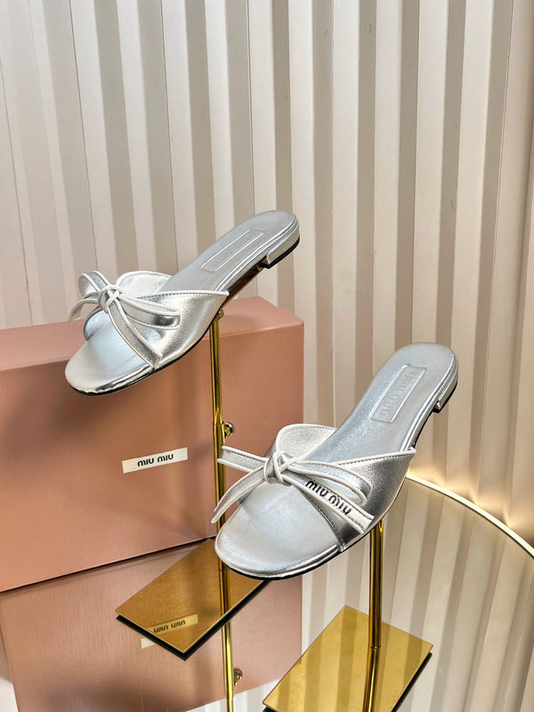 Miu 26s Bow Slippers Sliver Leather 768204