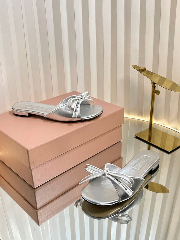 Miu 26s Bow Slippers Sliver Leather 768204