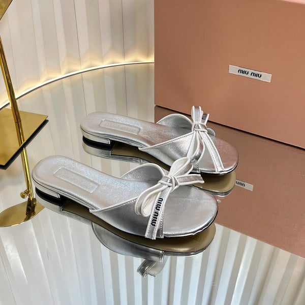 Miu 26s Bow Slippers Sliver Leather 768204