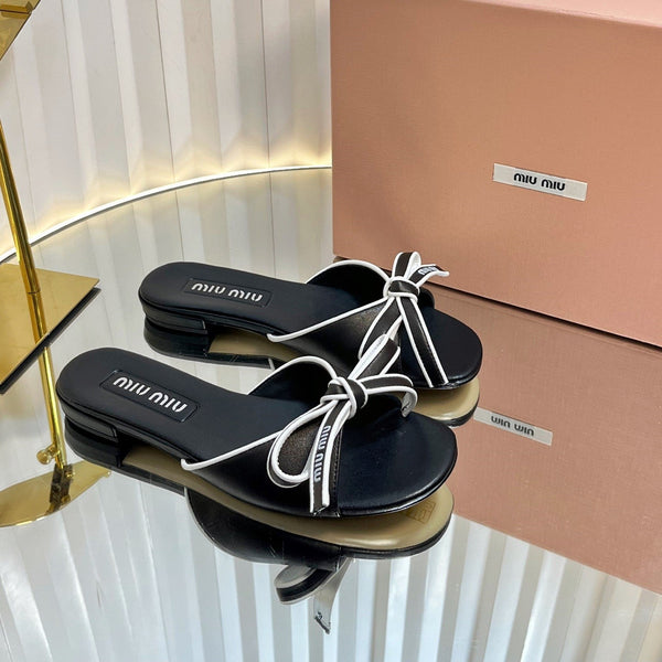 Miu 26s Bow Slippers Black Leather 768206